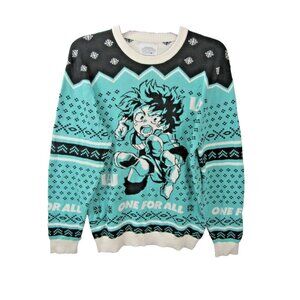 MY HERO ACADEMIA Deku Ugly Christmas Sweater Sz S Blue Turquoise Black White
